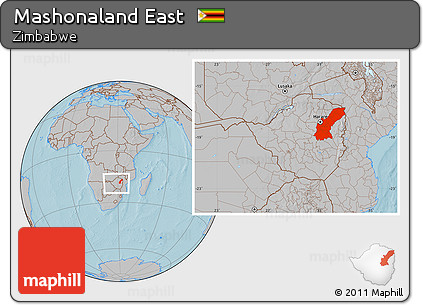 Gray Location Map of Mashonaland East, within the entire country, hill shading