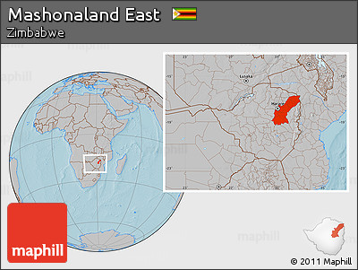 Gray Location Map of Mashonaland East, within the entire country, hill shading