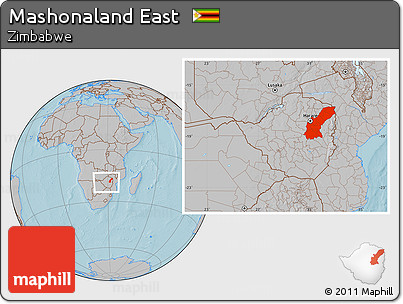 Gray Location Map of Mashonaland East, within the entire country, hill shading