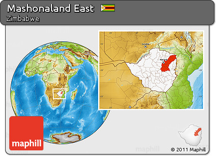 Physical Location Map of Mashonaland East, highlighted country, within the entire country