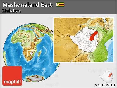 Physical Location Map of Mashonaland East, highlighted country, within the entire country