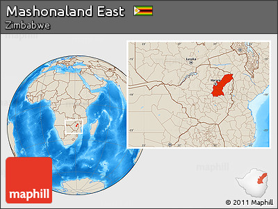 Shaded Relief Location Map of Mashonaland East, within the entire country