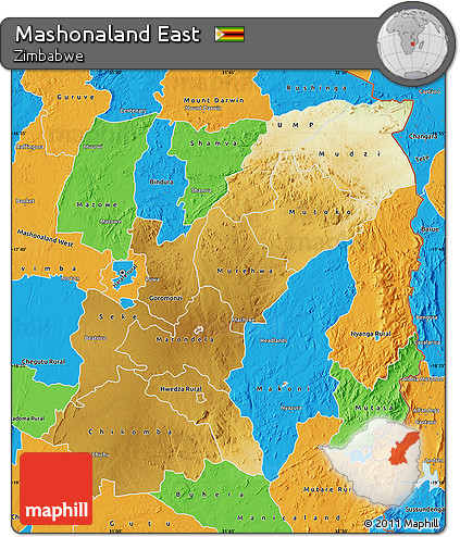 Physical Map of Mashonaland East, political outside
