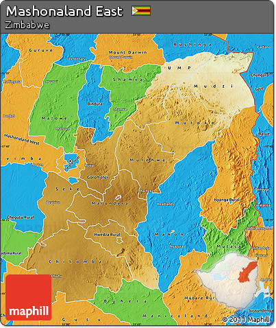 Physical Map of Mashonaland East, political outside
