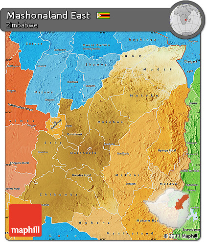 Physical Map of Mashonaland East, political shades outside