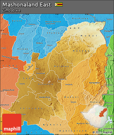 Physical Map of Mashonaland East, political shades outside