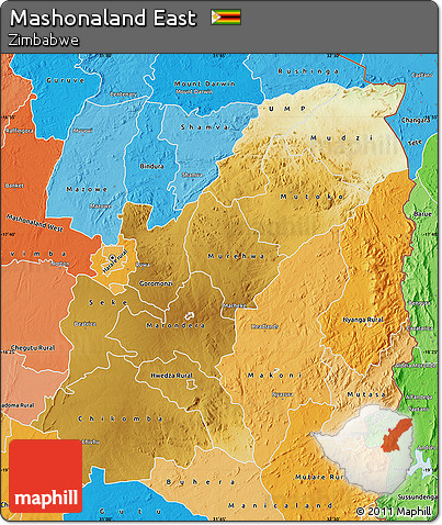Physical Map of Mashonaland East, political shades outside