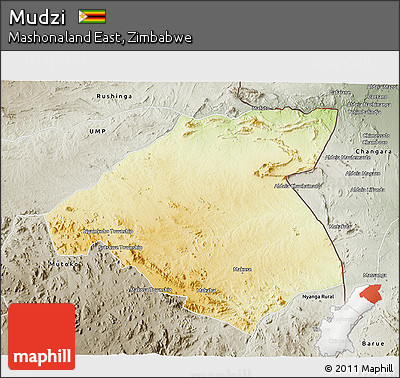 Physical 3D Map of Mudzi, semi-desaturated
