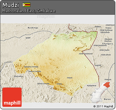 Physical 3D Map of Mudzi, shaded relief outside
