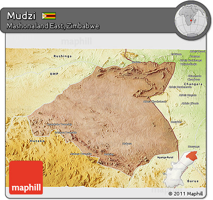 Satellite 3D Map of Mudzi, physical outside