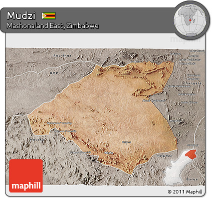 Satellite 3D Map of Mudzi, semi-desaturated