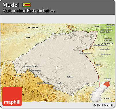 Shaded Relief 3D Map of Mudzi, physical outside