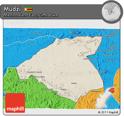 Shaded Relief 3D Map of Mudzi, political outside