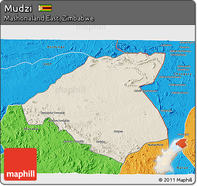 Shaded Relief 3D Map of Mudzi, political outside