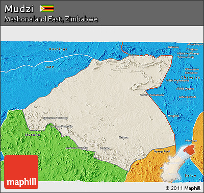 Shaded Relief 3D Map of Mudzi, political outside