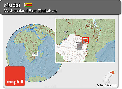 Savanna Style Location Map of Mudzi, highlighted country, highlighted parent region, hill shading