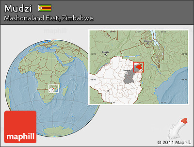 Savanna Style Location Map of Mudzi, highlighted country, highlighted parent region, hill shading
