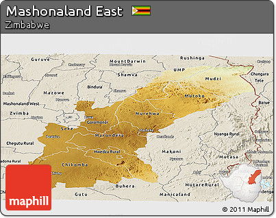 Physical Panoramic Map of Mashonaland East, shaded relief outside