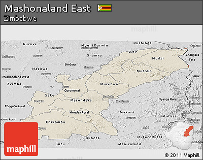 Shaded Relief Panoramic Map of Mashonaland East, desaturated