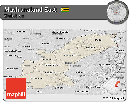 Shaded Relief Panoramic Map of Mashonaland East, desaturated