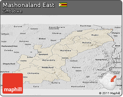 Shaded Relief Panoramic Map of Mashonaland East, desaturated