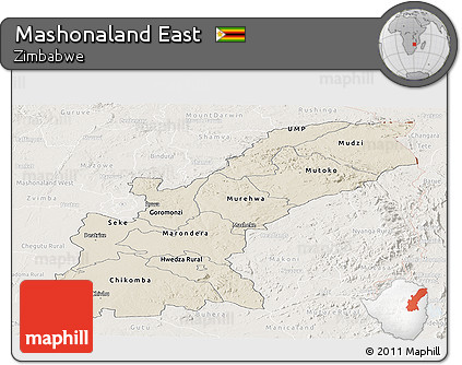 Shaded Relief Panoramic Map of Mashonaland East, lighten