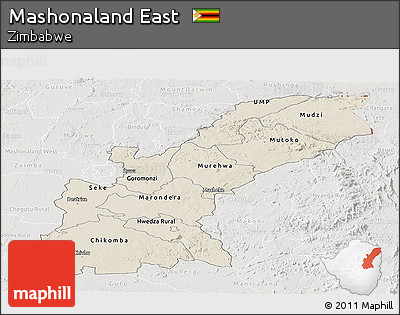 Shaded Relief Panoramic Map of Mashonaland East, lighten, semi-desaturated