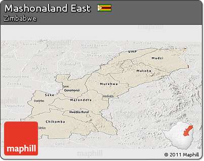 Shaded Relief Panoramic Map of Mashonaland East, lighten, semi-desaturated
