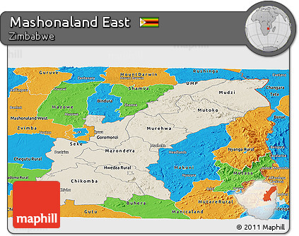 Shaded Relief Panoramic Map of Mashonaland East, political outside