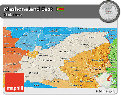 Shaded Relief Panoramic Map of Mashonaland East, political shades outside