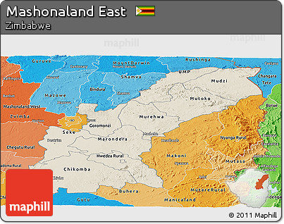 Shaded Relief Panoramic Map of Mashonaland East, political shades outside