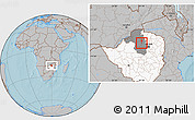 Gray Location Map of CHINHOYI, highlighted country, highlighted parent region, hill shading