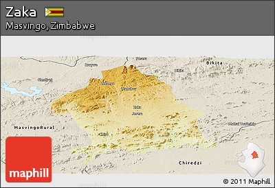 Physical Panoramic Map of Zaka, shaded relief outside