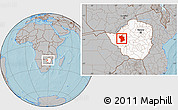 Gray Location Map of Lupane, highlighted country, within the entire country, hill shading