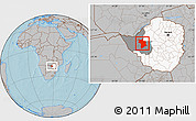 Gray Location Map of Lupane, highlighted country, highlighted parent region, hill shading