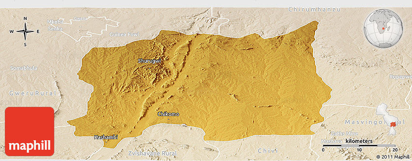 Physical Panoramic Map of Shurugwi, lighten