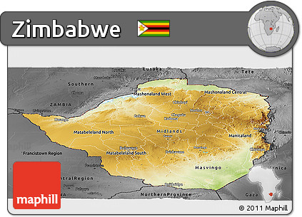 Physical Panoramic Map of Zimbabwe, darken, desaturated