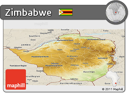 Physical Panoramic Map of Zimbabwe, shaded relief outside