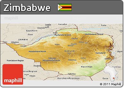 Physical Panoramic Map of Zimbabwe, shaded relief outside