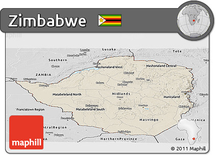Shaded Relief Panoramic Map of Zimbabwe, desaturated